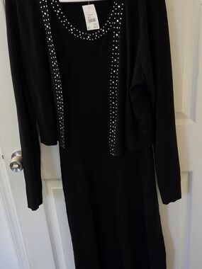 Cato Black Long Sleeve Dress with Studded Trim Cardigan